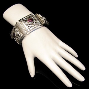 Whiting Davis Silver Plated Engraved Wide Vintage Bracelet Purple Rhinestone​s