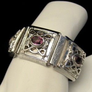 Whiting Davis Silver Plated Engraved Wide Vintage Bracelet Purple Rhinestone​s