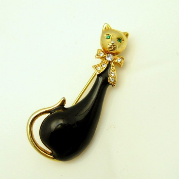 Art Deco Cat Brooch Black Enamel Green Eye Animal Pin Broach Vintage Style Gift 