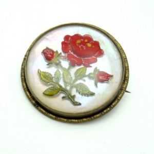 Victorian Encased Lucite Red Rose Flower Brooch Pin Mother of Pearl Vintage Romantic