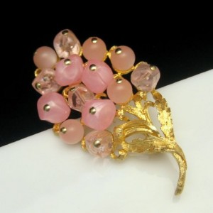 Vintage Flowers Brooch Pin Pink Moonglow Crackle Beads Mid Century Fruit Large Statement