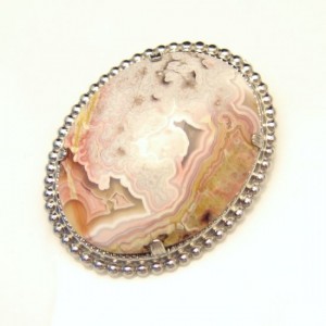 Mid Century Crazy Lace Agate Vintage Brooch Pin Natural Stone Large Cabochon