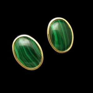Vintage High Quality 14K Gold Malachite Oval Pierced Earrings Sleek Design
