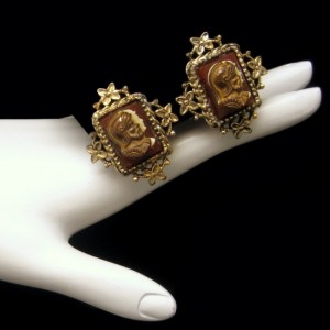 CORO Vintage Cameo Clip Earrings Mid Century Heraldic Knights Design