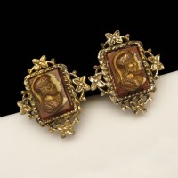 CORO Vintage Cameo Clip Earrings Mid Century Heraldic Knights Design