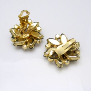 D&E Juliana Vintage Earrings Satin Glass Mid Century Topaz Rhinestones Clips Large Prong Set