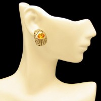 Vintage Post Earrings Curved Gold Plated Engraved Topaz Glass Unique Design