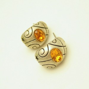 Vintage Post Earrings Curved Gold Plated Engraved Topaz Glass Unique Design