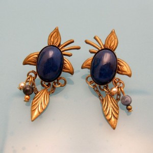 Vintage Dangle Earrings Southwest Faux Lapis Blue Glass Stones Feathers Chains