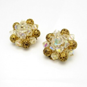 Vintage Clip Earrings Mid Century AB Crystal Filigree Beads 60s Chunky Classy Elegant