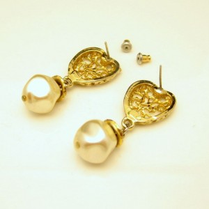 Vintage Earrings Mid Century Filigree Heart Baroque Faux Pearls Dangles Chunky Love Sweet