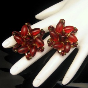 Vintage Clip Earrings Mid Century Large Red Glass Beads Gorgeous Color Bold Chunky
