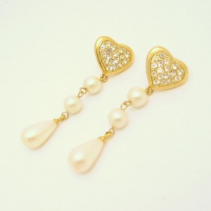 Vintage Earrings Mid Century Rhinestone Hearts Faux Pearls Dangles Long Pierced Chunky