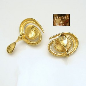 MONET Vintage Clip Earrings Mid Century Large Faux Pearls Atomic Modernist Goldtone