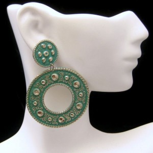 Vintage ELOXAL Earrings Mid Century Aluminum Green Enamel Large Dangles NOS Pierced