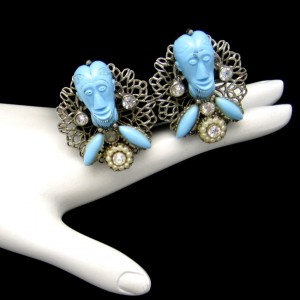 Signed Selro Vintage Clip Earrings Rare Blue Devil Genie Faces Figural