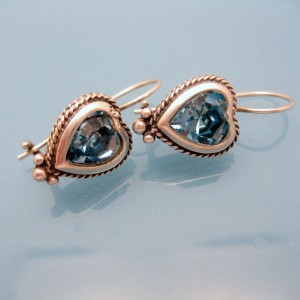 Vintage Heart Earrings Sterling Silver Mid Century Aqua Blue Glass Foiled Pierced
