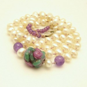 Vintage Rice Pearls Necklace Mid Century Purple Art Glass Lampwork Bead Knotted Strand