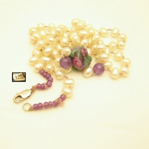 Vintage Rice Pearls Necklace Mid Century Purple Art Glass Lampwork Bead Knotted Strand