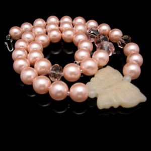 Vintage Necklace Mid Century Pink Rose Quartz Butterfly Pendant Crystal Beads Faux Pearls