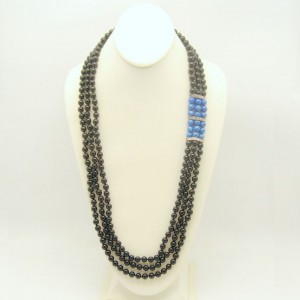 Vintage Glass Beads Necklace Mid Century 3 Strands Faux Onyx Lapis Long Very Elegant