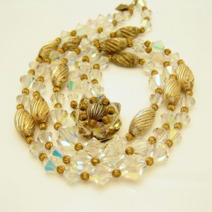 Vintage AB Crystal Beads Necklace Mid Century Chunky Fluted 3 Multi Strand Gold Plated SLIM NECK