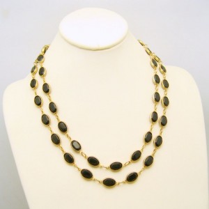 Vintage Necklace Mid Century Black Bezel Set Crystals Extra Long 41in Single Double Strand