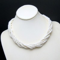 Vintage Torsade Necklace Mid Century White Acrylic Beads 6 Multi Strands Classic Design