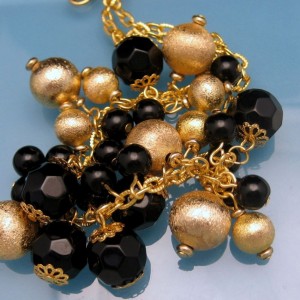 Art Deco Style Vintage Necklace Black Glass Crystals Dangle Beads Chunky Runway Matte Goldtone