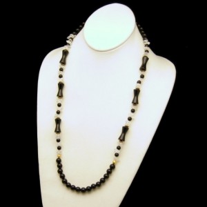 Vintage Glass Beads Necklace Mid Century Black Hourglass Round Clear Nuggets Long