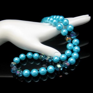 Vintage Blue Glass Faux Pearls Necklace AB Crystals Beads Very Pretty