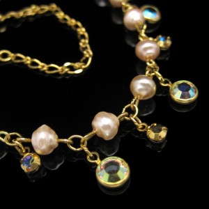 Vintage Necklace Mid Century Bezel Set Clear Crystals Faux Pearls Rhinestones Elegant