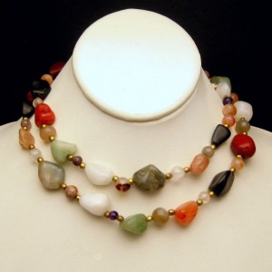 Vintage Necklace Mid Century Polished Agate Stones Multi Colors 31 inches Long