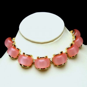 Vintage Lucite Necklace Pink Moonglow Stones Mid Century Choker Retro Chunky
