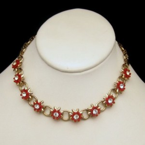 Vintage Choker Necklace Mid Century Red Lucite Flowers Rhinestones Goldtone   Circles