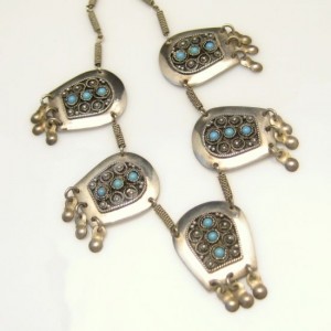 Israel 925 Sterling Silver Vintage Necklace Turquoise Beads Mid Century Ornate Arabesque