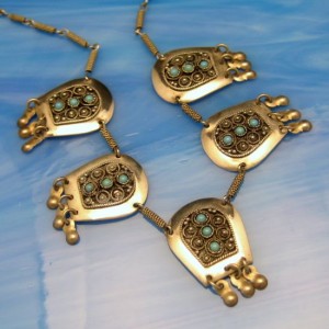 Israel 925 Sterling Silver Vintage Necklace Turquoise Beads Mid Century Ornate Arabesque