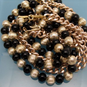 JAPAN Vintage Necklace Mid Century 4 Multi Strand Beads Black Goldtone Fluted Chunky