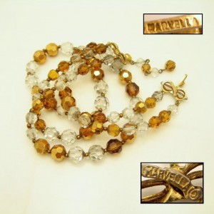 MARVELLA Vintage Necklace Mid Century Topaz Crystal Beads Gold Plated 2 Multi Strand 1960s