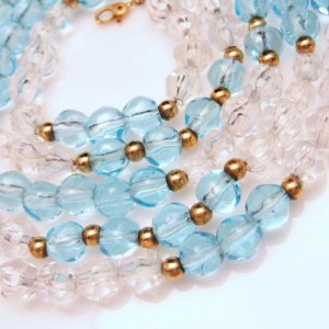 MONET Vintage Necklace Mid Century Blue Glass Beads Faux Crystals Pretty Aqua 36 inches Long