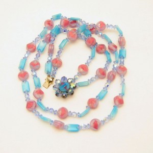Vintage Givre Glass Crystal Beads Necklace Mid Century 2 Strands Multi Blue Pink Chunky