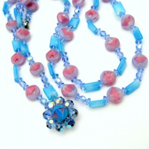 Vintage Givre Glass Crystal Beads Necklace Mid Century 2 Strands Multi Blue Pink Chunky