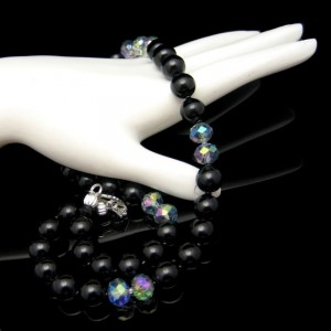 Vintage Necklace Mid Century Black Faux Onyx Glass AB Crystals Beads Elegant