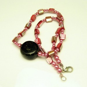 Vintage Necklace Mid Century Dyed Pink Mother of Pearl Glass Beads Large Brown Stone Pendant