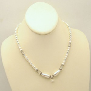 Vintage Faux Pearl Necklace Mid Century Crystal Pendant Rhinestone Rondelles Teardrops