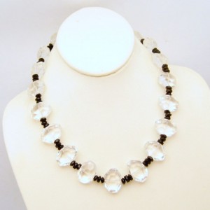 Vintage Glass Beads Necklace Clear Black Large Chunky Artisan Made Unique Style