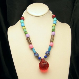 Vintage Necklace Mid Century Glass Acrylic Beads Lucite Pendant Chunky Multi Colors Striking