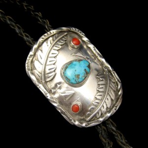 Vintage Necklace Mid Century Sterling Silver Turquoise Coral Large Medallion Bolo Tie Leather
