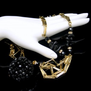 CROWN TRIFARI Vintage Necklace Mid Century Black Crystal Pendant Glass Beads Long