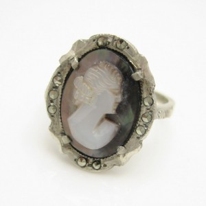 830 Silver Carved Shell Cameo Vintage Ring Abalone Marcasites Size 6.5